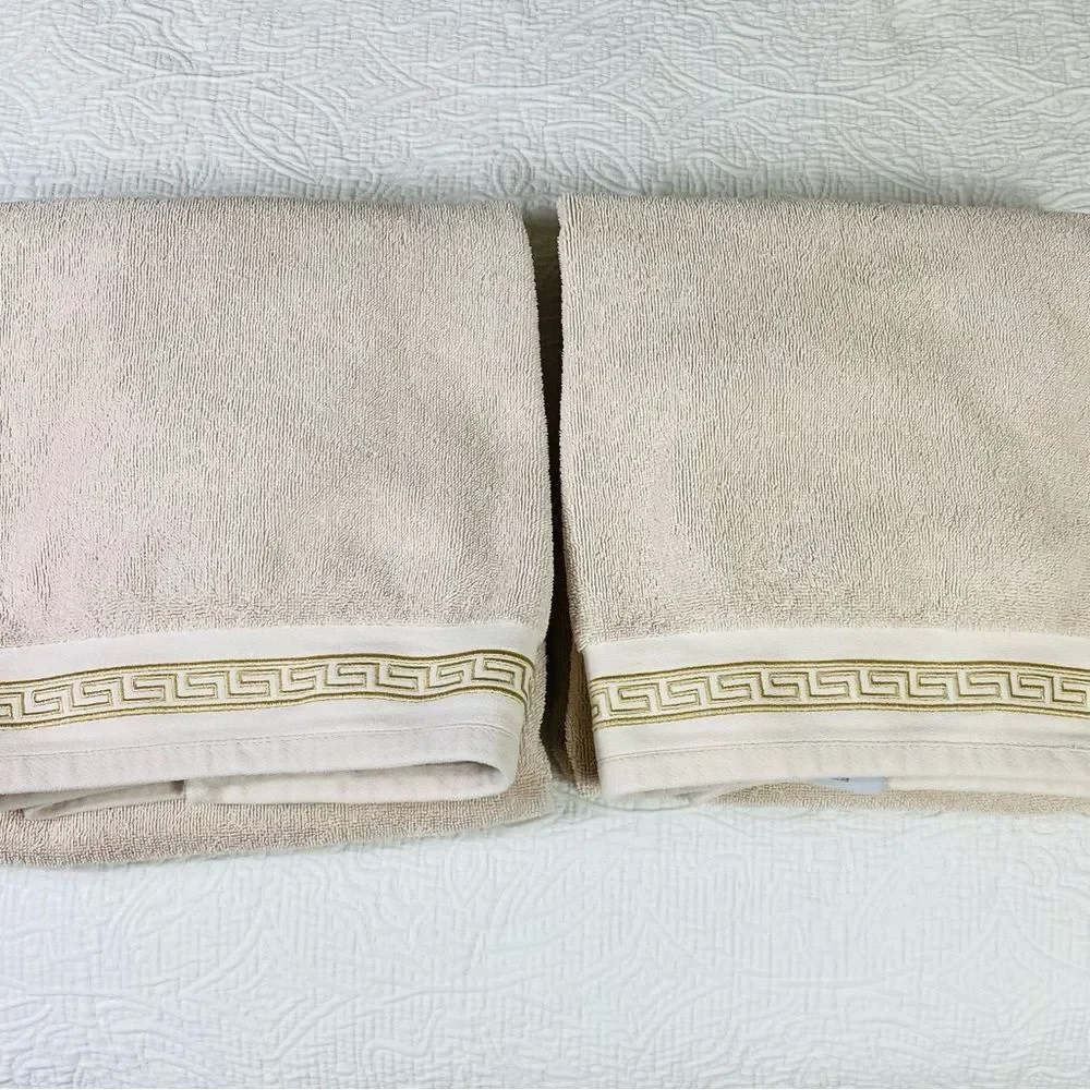 Luxurious Vtg Cream Bath Towels with Gold Greek Embroidered Accent